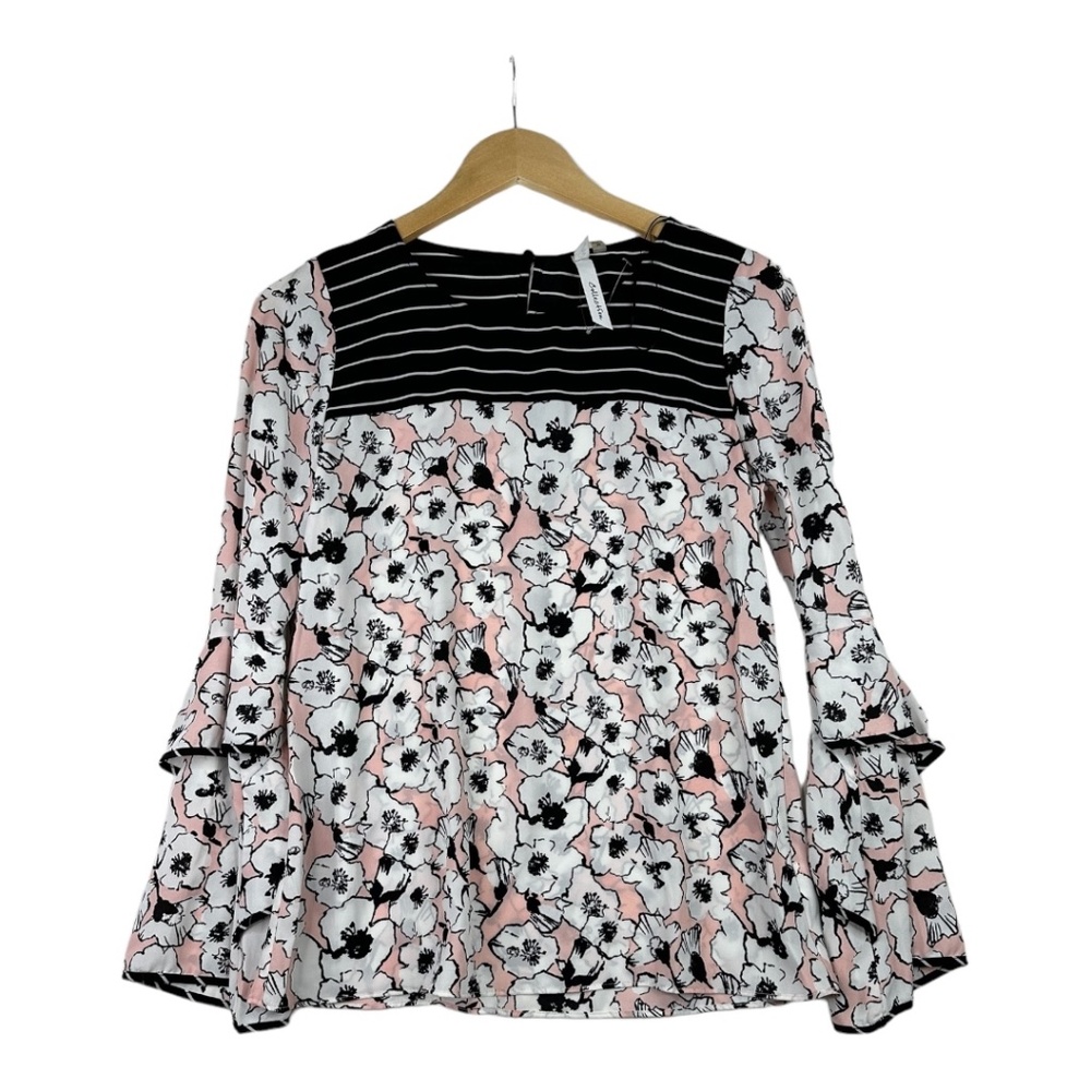 NY COLLECTION Floral‎ Stripe Ruffle Bell Sleeve Blouse Top NWT